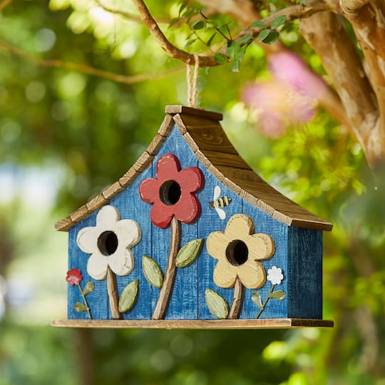 Glitzhome® 15" Blue Distressed Wood Birdhouse with Flowers